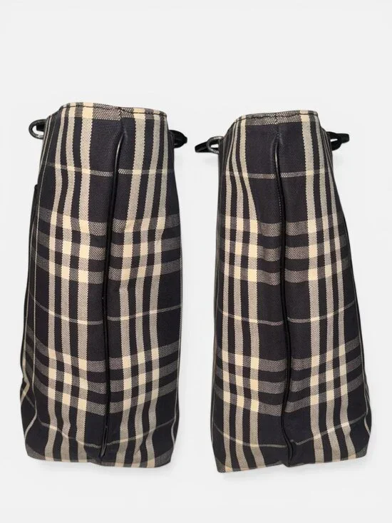 VTG Burberry Nova Check Tote XL Black Leather Cotton Canvas Open Top Bag Italy - Picture 5 of 10